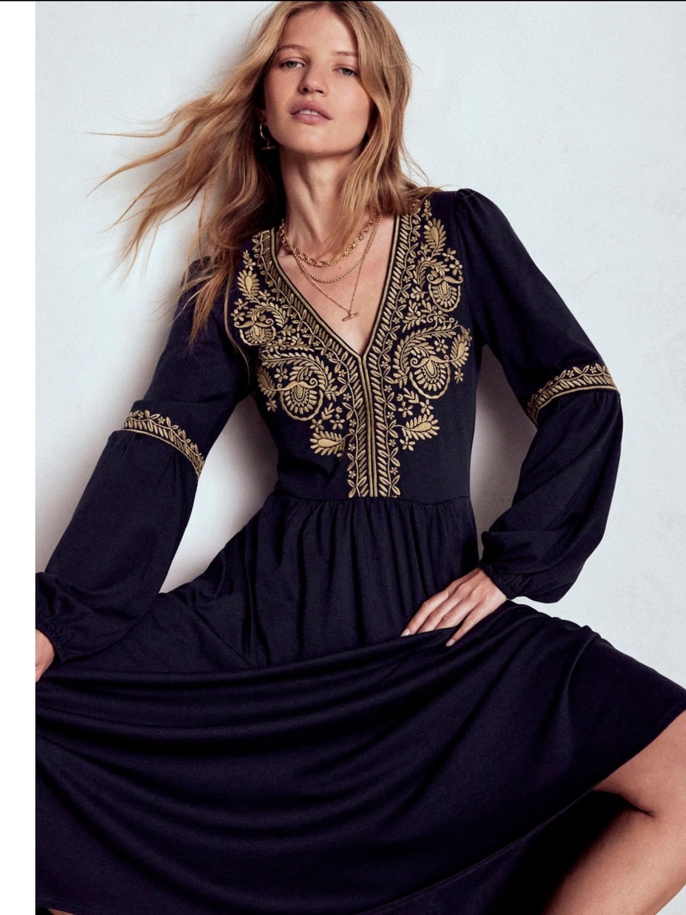 Boden Navy Blouson Midi Dress 6P